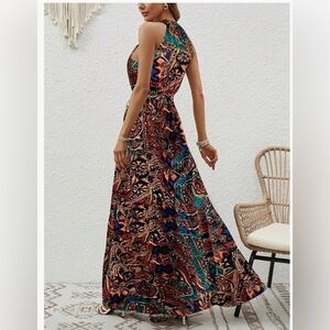 Women's sleeveless maxi dress ruffles, bohemian floral print size Large